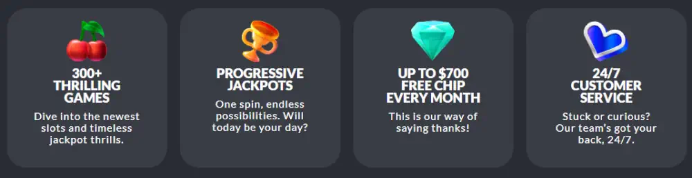 A Big Candy casino features including progressive jackpots and monthly free chips